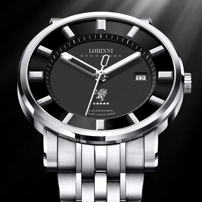 LOBINNI L Automatic Mechanical Movement Stainless Steel Watchband Watch Men's Watches Black Dial-8