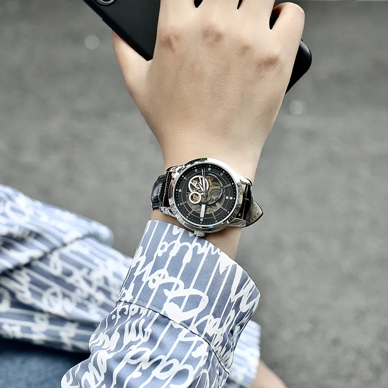 LOBINNI L Automatic Mechanical Movement Genuine Leather Strap Watch Men's Watches Black Dial-5