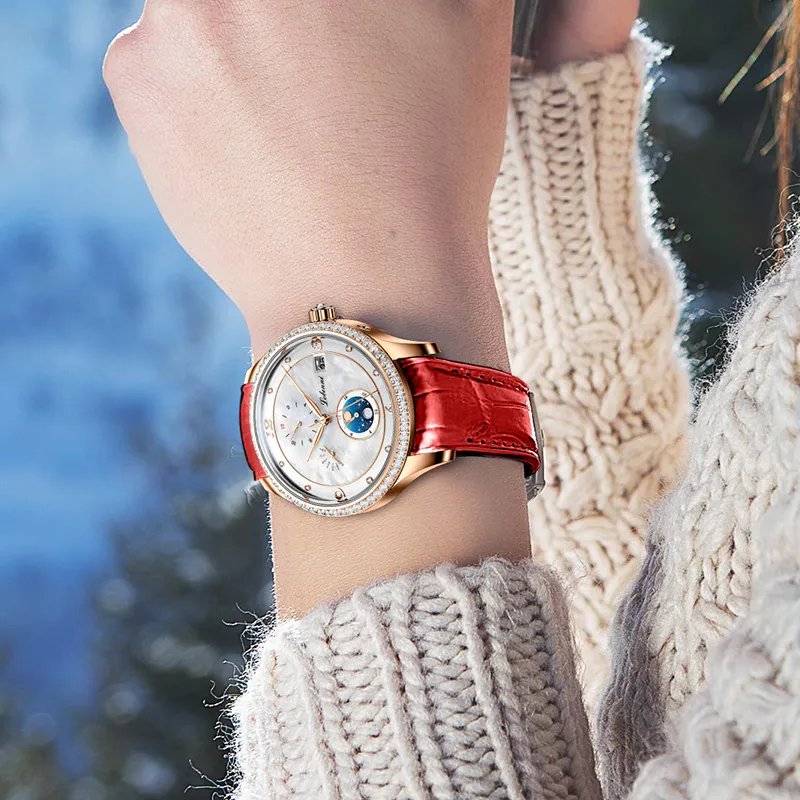 LOBINNI L Elegant Women's Watch Automatic Mechanical Movement Cowhide Strap Watch Women's Watch White Dial-4