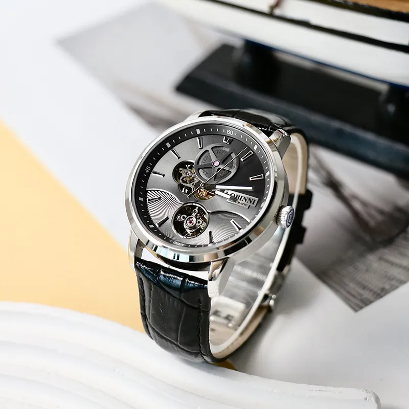 LOBINNI L Automatic Mechanical Movement Genuine Leather Strap Watch Men's Watches Black Dial-5