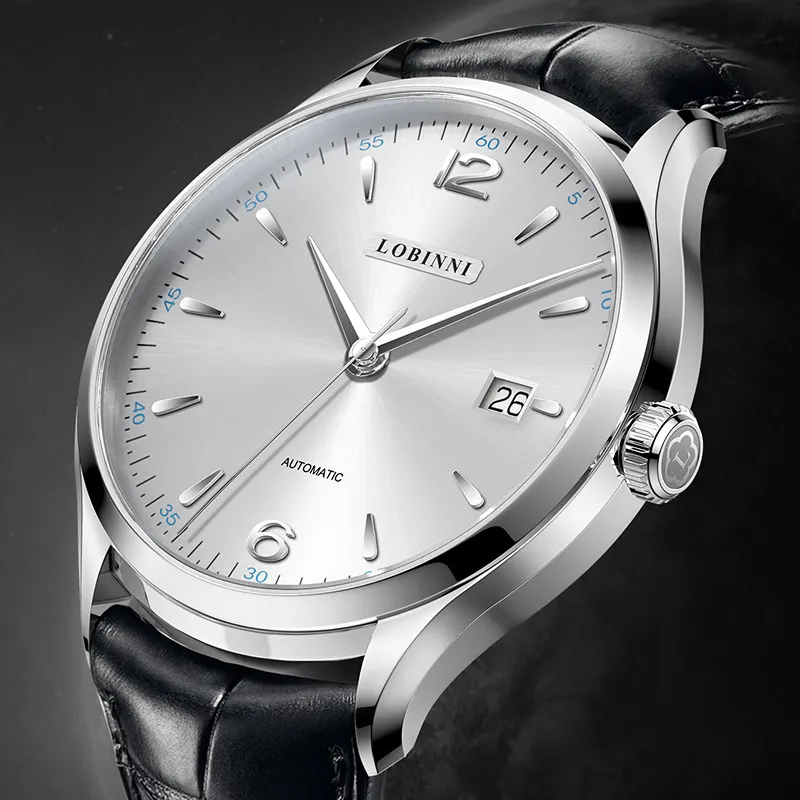 LOBINNI L High-End Taste Men's Wrist Watch Automatic Mechanical Movement Cowhide Strap Watch Men Silver Dial-2
