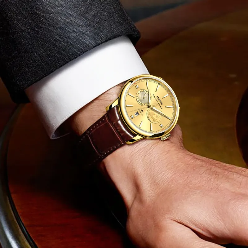 LOBINNI L Affordable Luxury Men's Watch Mechanical Movement Cowhide Strap Watch Men's Watches Gold Dial-3