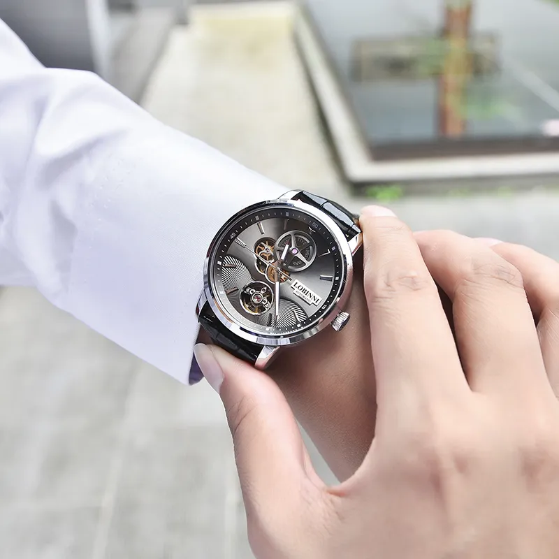 LOBINNI L Automatic Mechanical Movement Genuine Leather Strap Watch Men's Watches Black Dial-4
