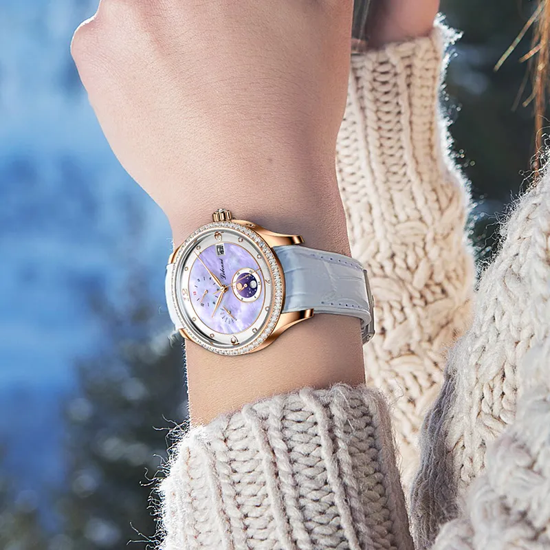 LOBINNI L Elegant Women's Watch Automatic Mechanical Movement Cowhide Strap Watch Women's Watch White Dial-19