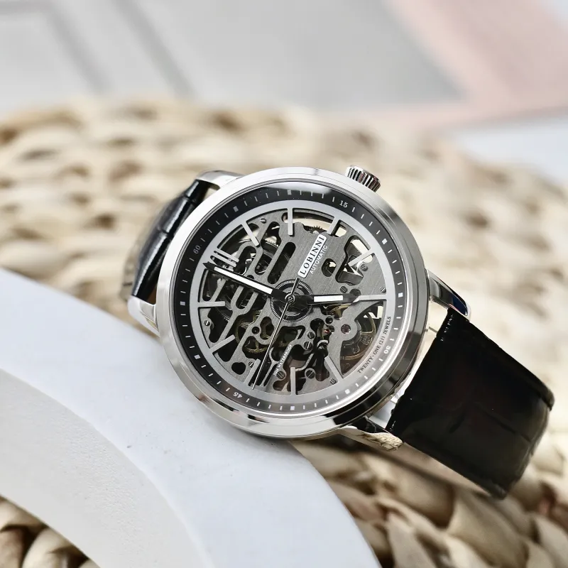 LOBINNI L Automatic Mechanical Movement Genuine Leather Strap Watch Men's Watches Cut-Out Dial-2