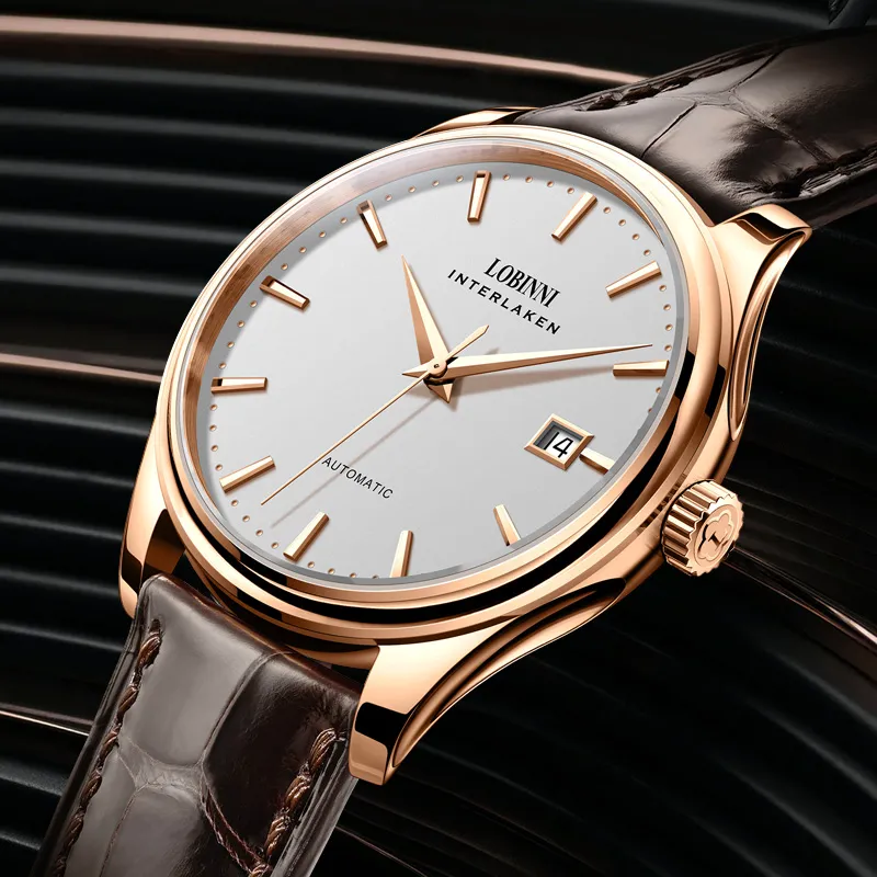 LOBINNI L Extra Thin Men's Watch Automatic Mechanical Movement Cowhide Strap Watch Men's Watches White Dial-10