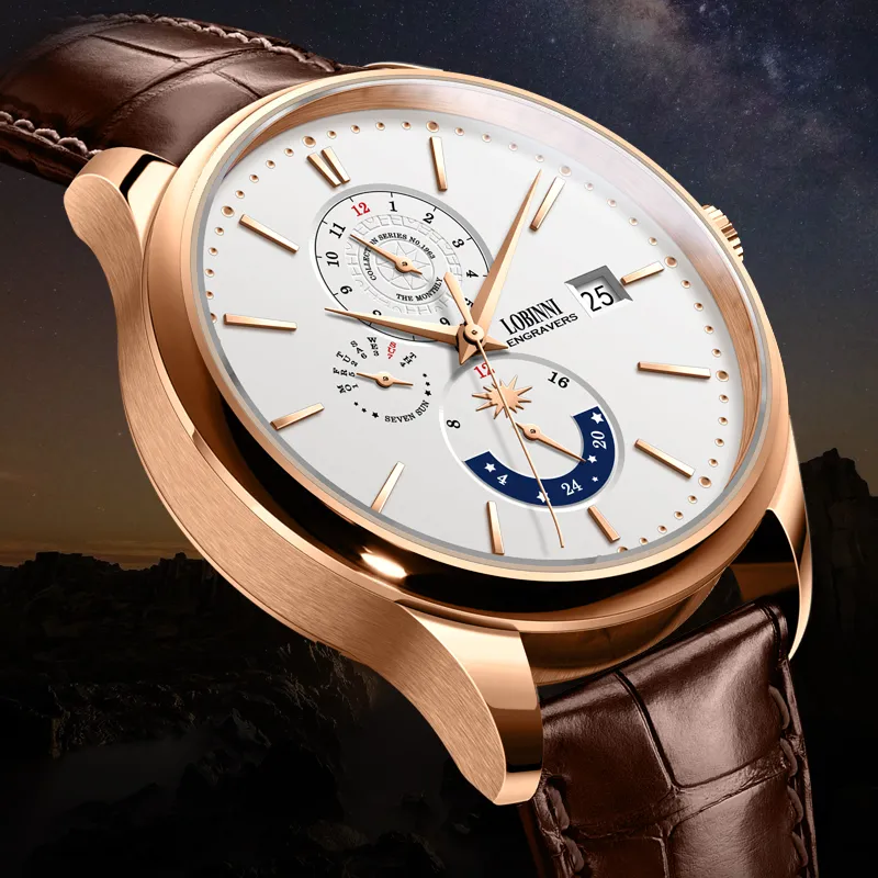 LOBINNI L Automatic Mechanical Movement Cowhide Strap Watch Men's Watches White Dial-12