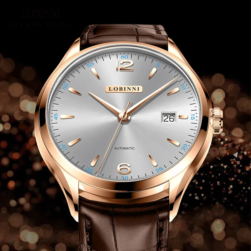 LOBINNI L High-End Taste Men's Wrist Watch Automatic Mechanical Movement Cowhide Strap Watch Men Silver Dial-11