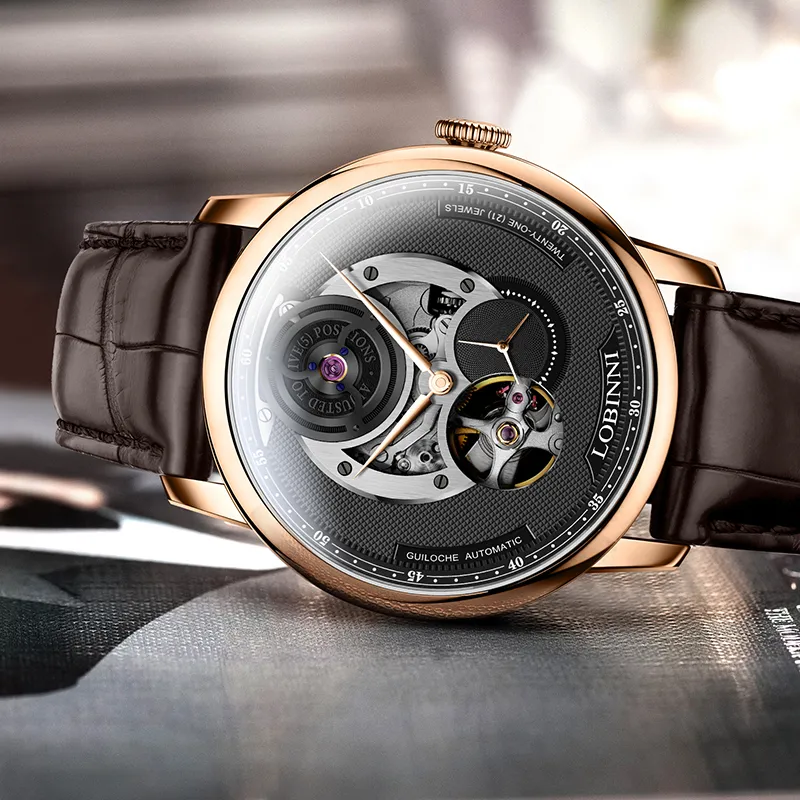 LOBINNI L Men's Watches Automatic Mechanical Movement Cowhide Strap Watch Men's Watches Black Dial-5