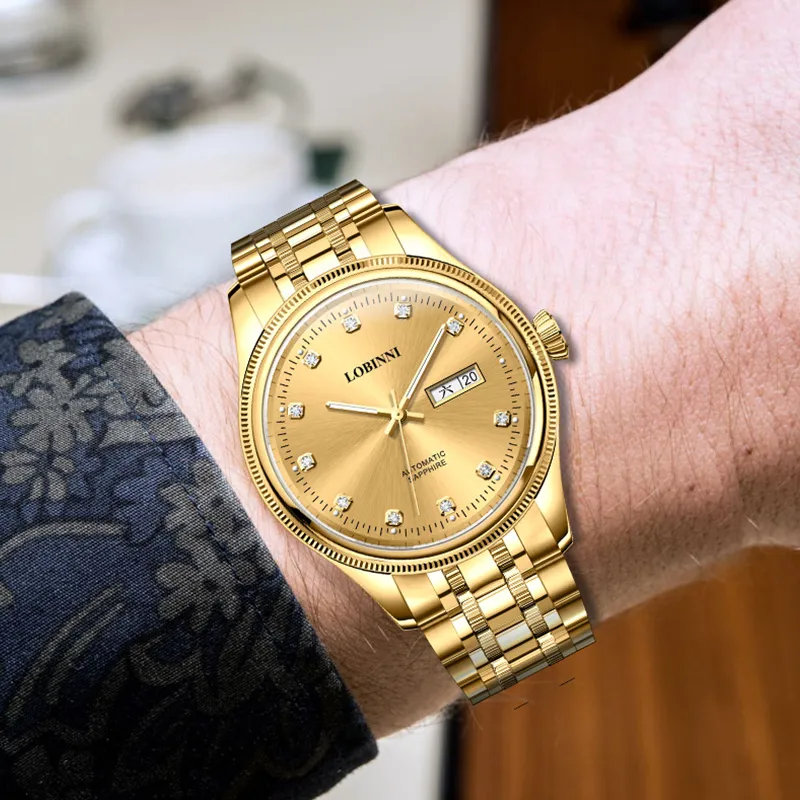 LOBINNI L Business Men's Watch Mechanical Movement Stainless Steel Watchband Watch Men's Watches Gold Dial-6