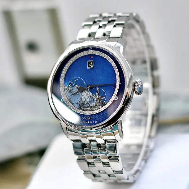 PONIGER Landscape Painting Automatic Mechanical Movement Leather Watch Bands Men's Watches Gray Dial P7.23-B-6
