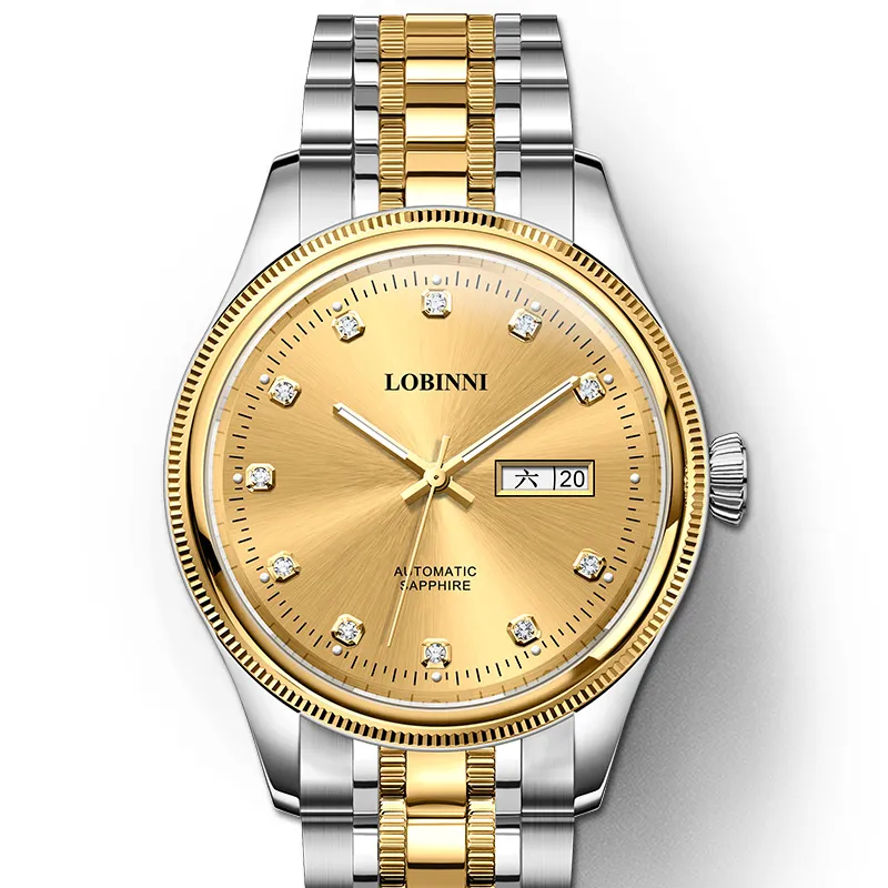 LOBINNI L Business Men's Watch Mechanical Movement Stainless Steel Watchband Watch Men's Watches Gold Dial-2