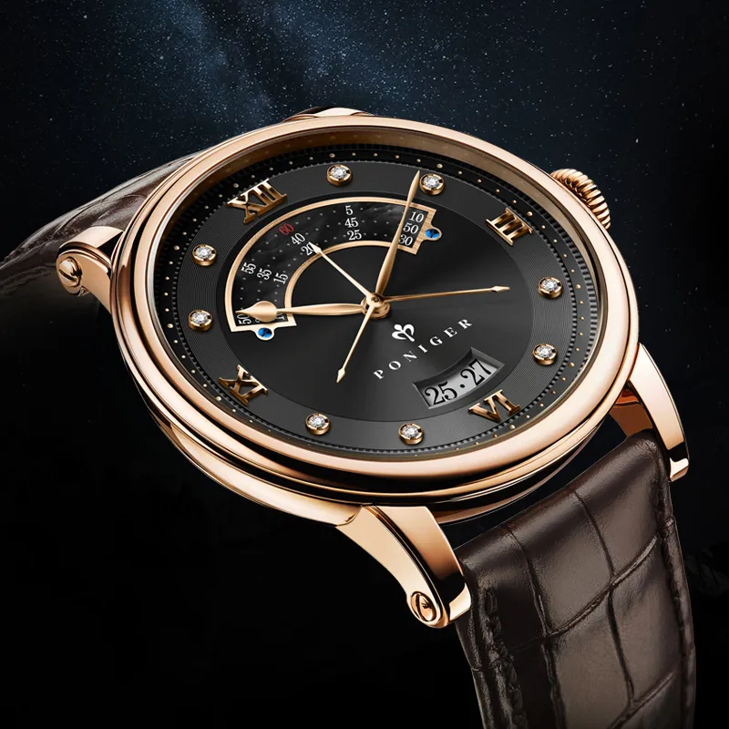 PONIGER Trident Watch Fashion Business Automatic Mechanical Movement Genuine Leather Strap Men's Watches White Dial-28