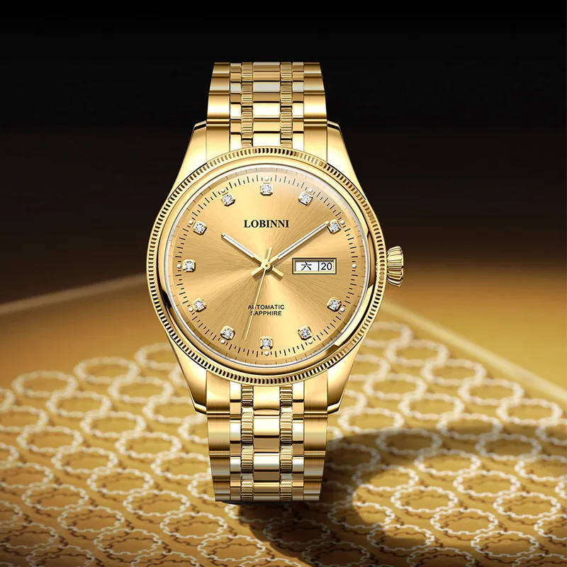 LOBINNI L Business Men's Watch Mechanical Movement Stainless Steel Watchband Watch Men's Watches Gold Dial-8