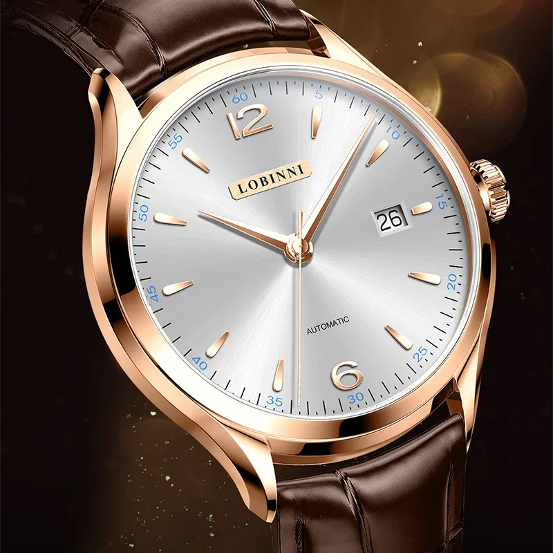 LOBINNI L High-End Taste Men's Wrist Watch Automatic Mechanical Movement Cowhide Strap Watch Men Silver Dial-9