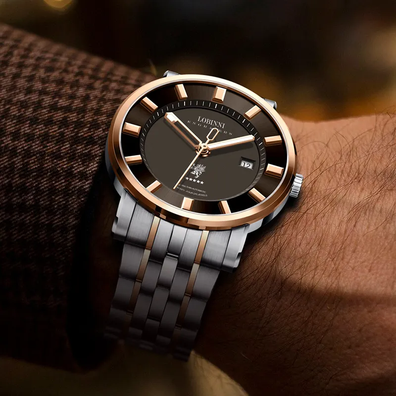 LOBINNI L Automatic Mechanical Movement Stainless Steel Watchband Watch Men's Watches Black Dial-2