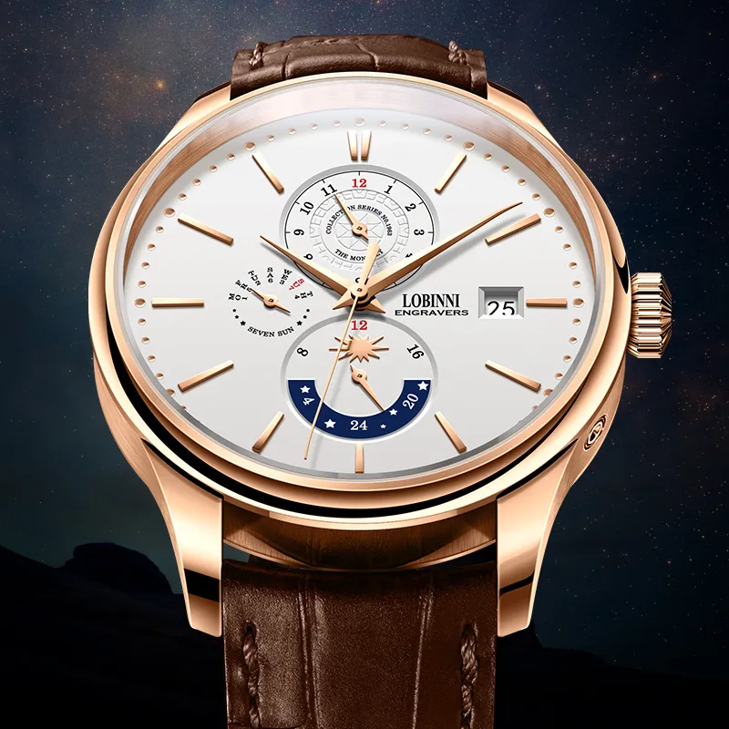 LOBINNI L Automatic Mechanical Movement Cowhide Strap Watch Men's Watches White Dial-11