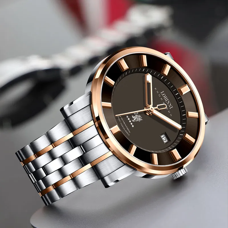 LOBINNI L Automatic Mechanical Movement Stainless Steel Watchband Watch Men's Watches Black Dial-4