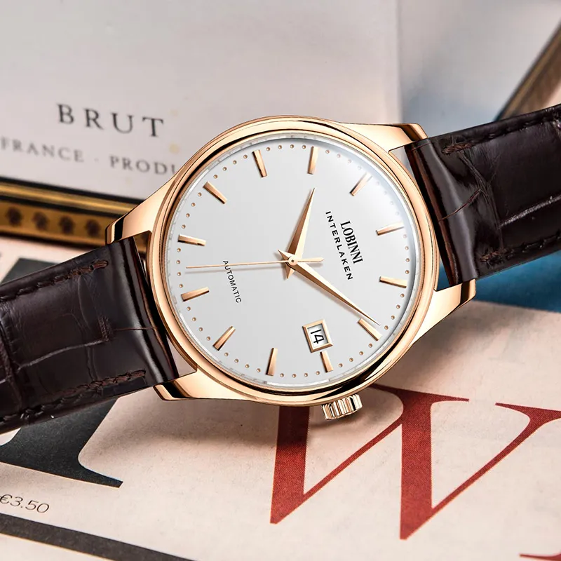LOBINNI L Extra Thin Men's Watch Automatic Mechanical Movement Cowhide Strap Watch Men's Watches White Dial-12