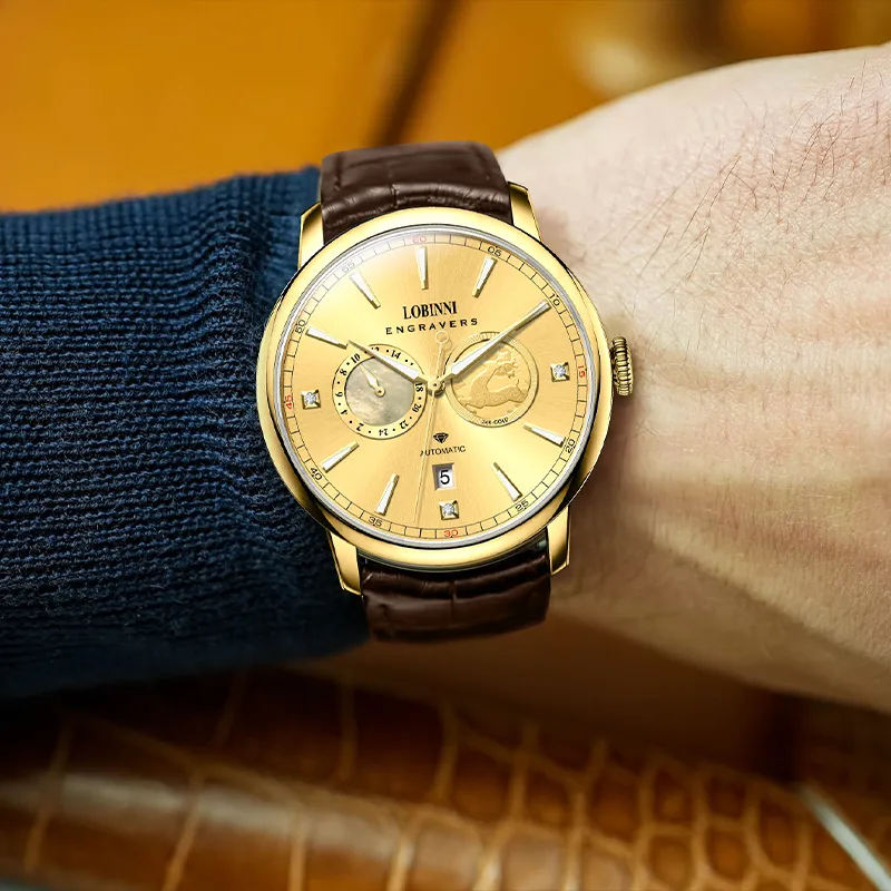 LOBINNI L Affordable Luxury Men's Watch Mechanical Movement Cowhide Strap Watch Men's Watches Gold Dial-2