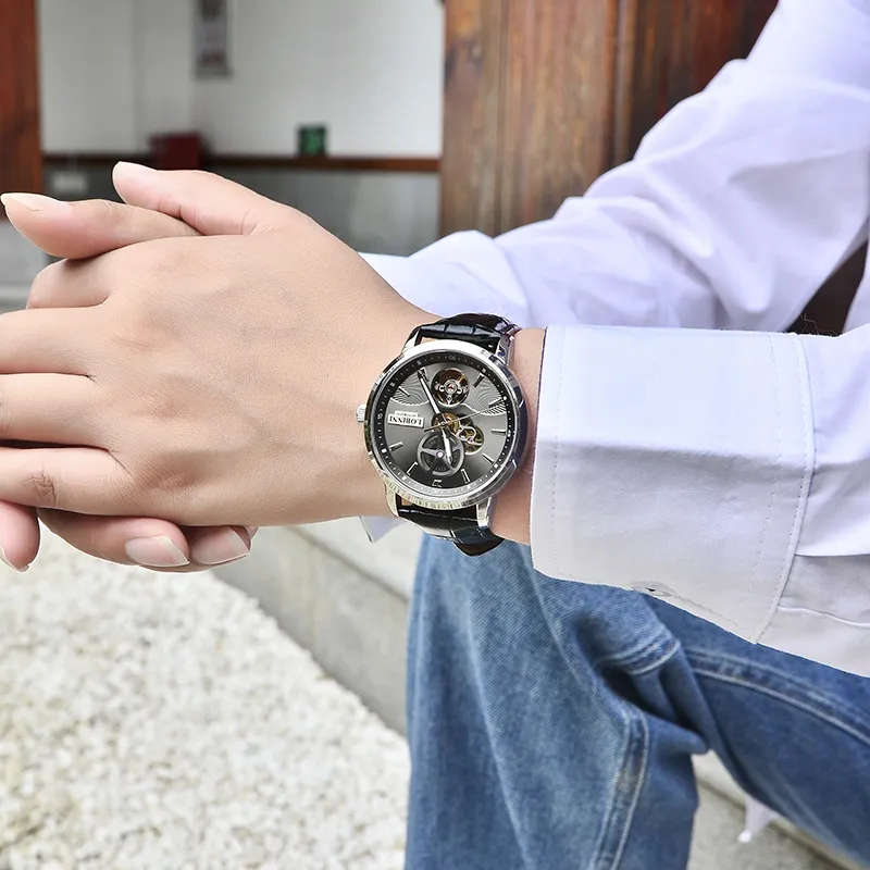 LOBINNI L Automatic Mechanical Movement Genuine Leather Strap Watch Men's Watches Black Dial-3