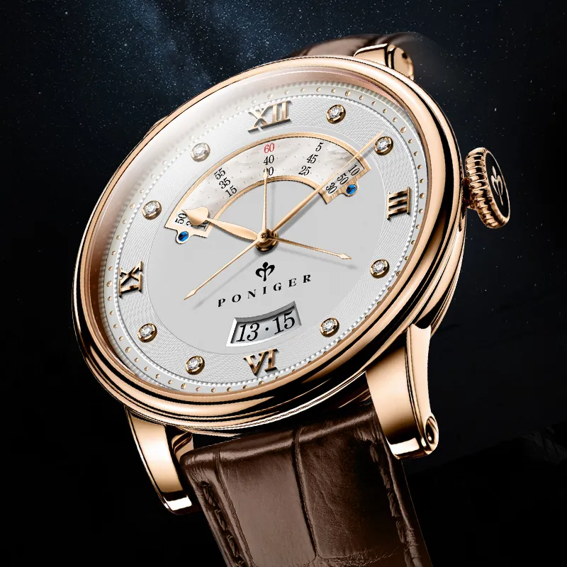 PONIGER Trident Watch Fashion Business Automatic Mechanical Movement Genuine Leather Strap Men's Watches White Dial-17