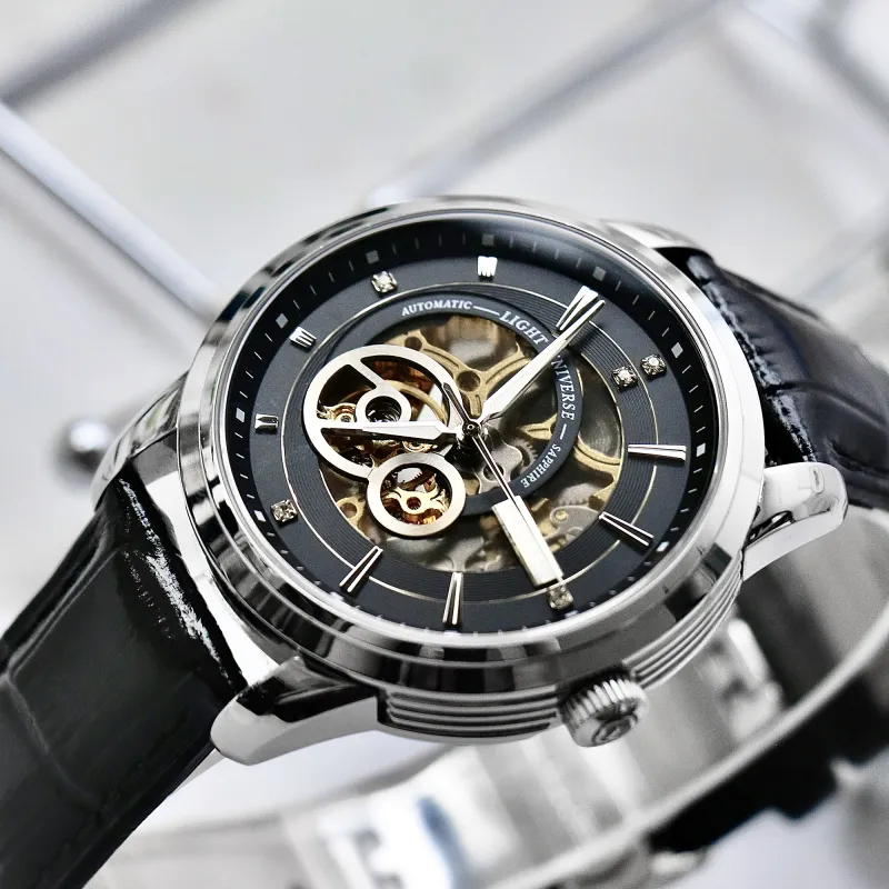 LOBINNI L Automatic Mechanical Movement Genuine Leather Strap Watch Men's Watches Black Dial-3