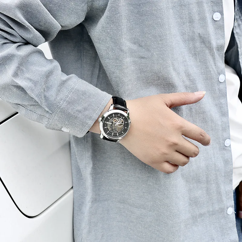 LOBINNI L Automatic Mechanical Movement Genuine Leather Strap Watch Men's Watches Black Dial-7