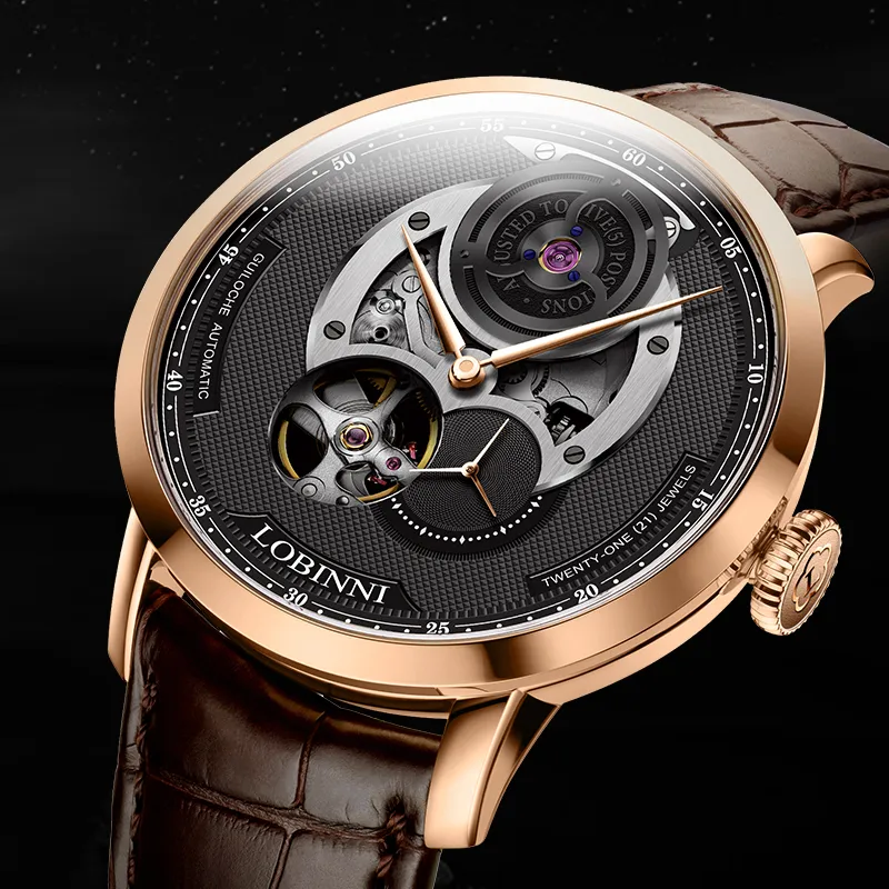 LOBINNI L Men's Watches Automatic Mechanical Movement Cowhide Strap Watch Men's Watches Black Dial-7