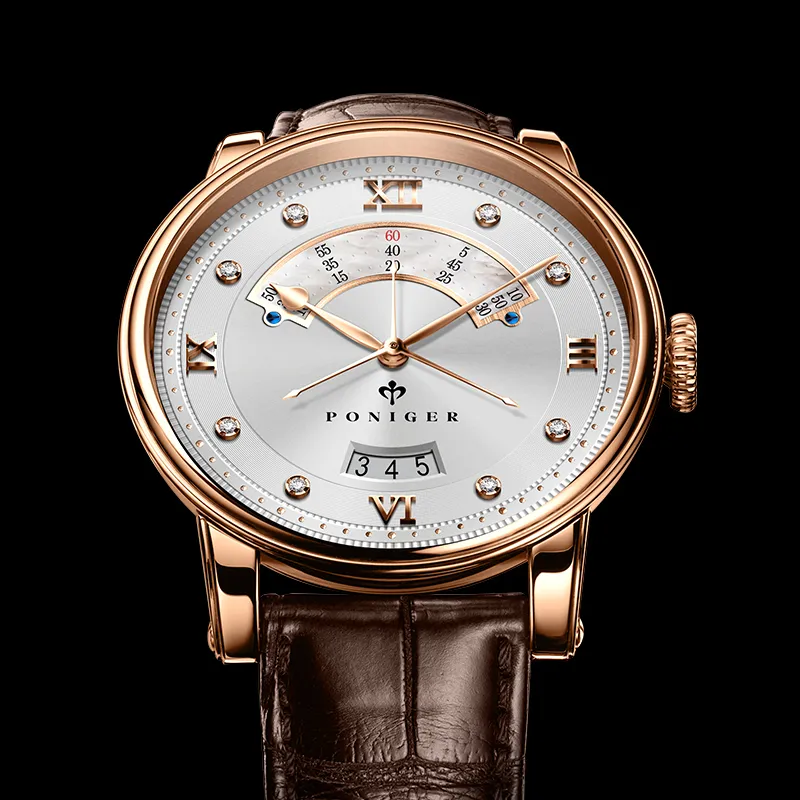 PONIGER Trident Watch Fashion Business Automatic Mechanical Movement Genuine Leather Strap Men's Watches White Dial-16
