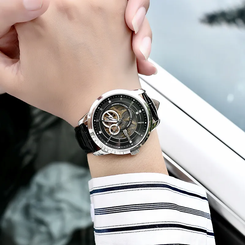 LOBINNI L Automatic Mechanical Movement Genuine Leather Strap Watch Men's Watches Black Dial-2