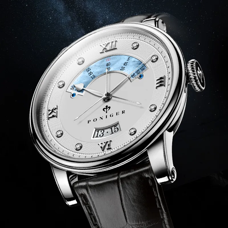 PONIGER Trident Watch Fashion Business Automatic Mechanical Movement Genuine Leather Strap Men's Watches White Dial-1