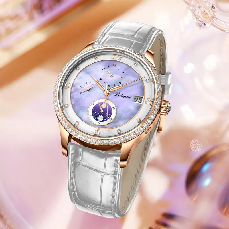 LOBINNI L Elegant Women's Watch Automatic Mechanical Movement Cowhide Strap Watch Women's Watch White Dial-22