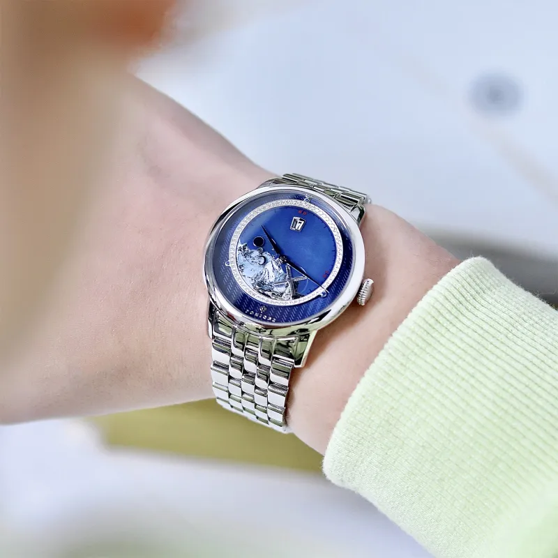 PONIGER Landscape Painting Automatic Mechanical Movement Leather Watch Bands Men's Watches Gray Dial P7.23-B-4