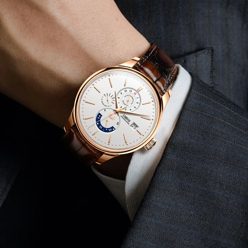 LOBINNI L Automatic Mechanical Movement Cowhide Strap Watch Men's Watches White Dial-10
