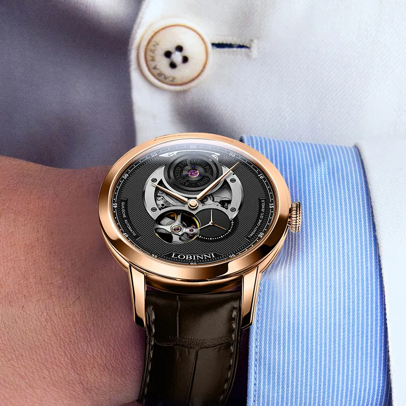 LOBINNI L Men's Watches Automatic Mechanical Movement Cowhide Strap Watch Men's Watches Black Dial-4