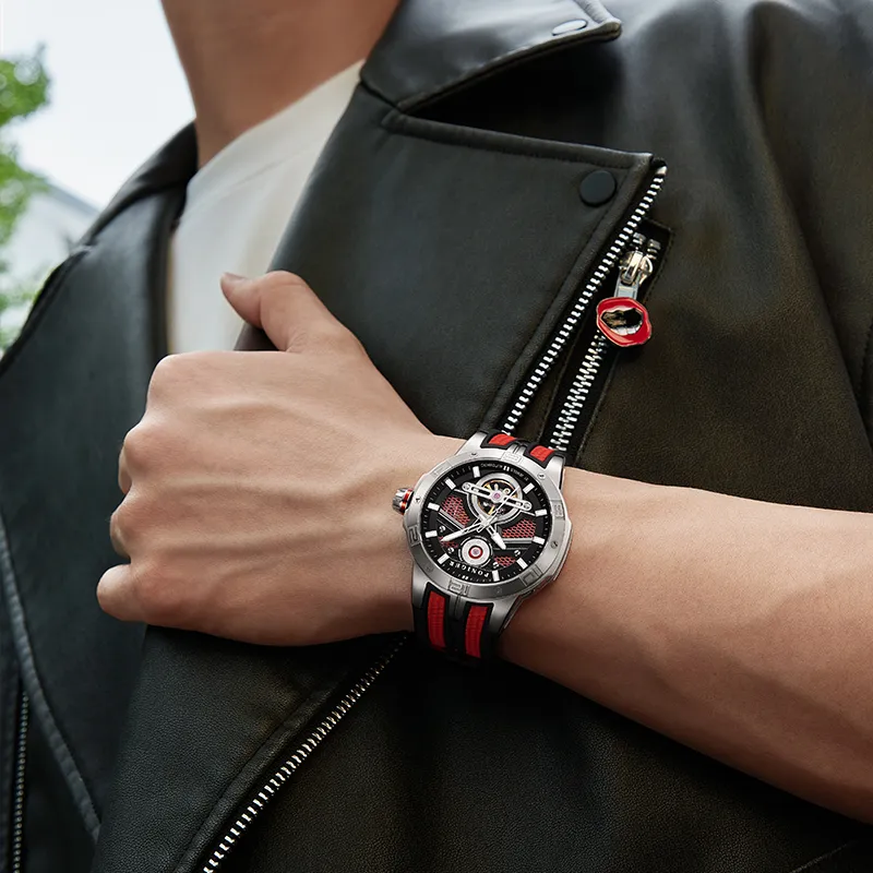 PONIGER Space Man Concept Automatic Mechanical Movement Rubber Strap Men's Watches Cut Out Dial-14