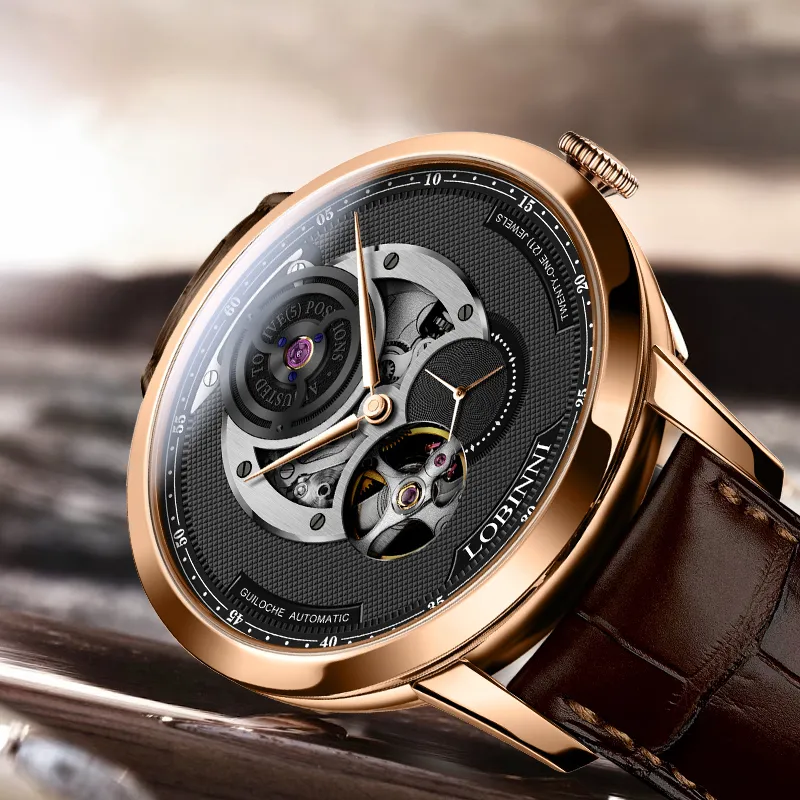 LOBINNI L Men's Watches Automatic Mechanical Movement Cowhide Strap Watch Men's Watches Black Dial-6
