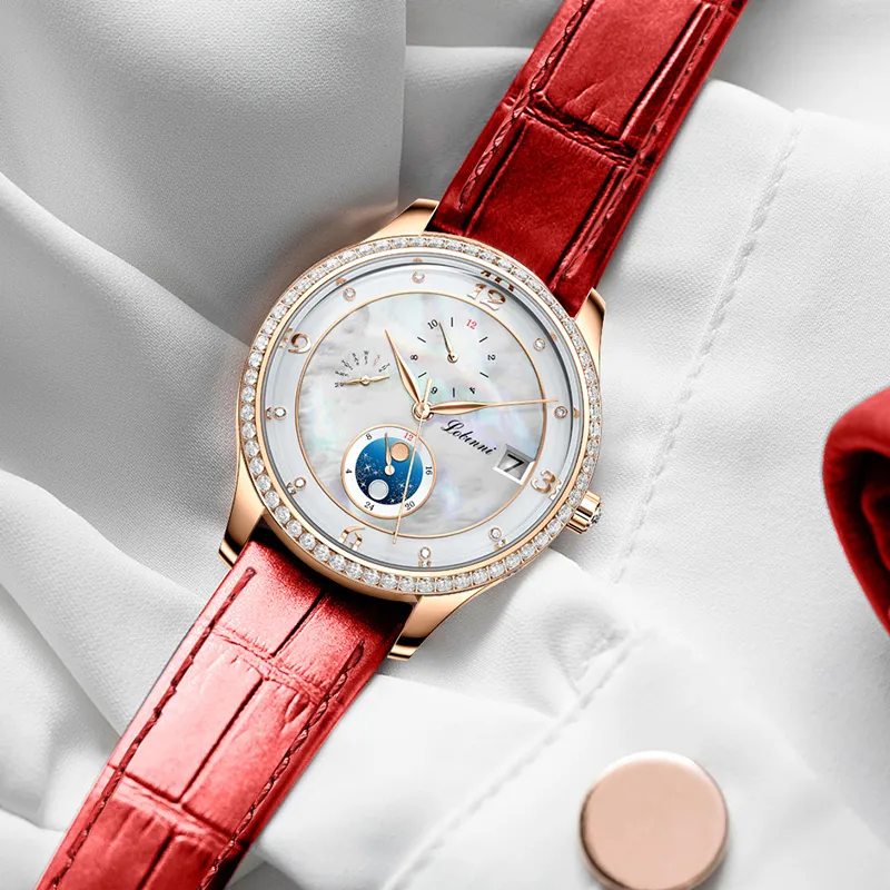 LOBINNI L Elegant Women's Watch Automatic Mechanical Movement Cowhide Strap Watch Women's Watch White Dial-3