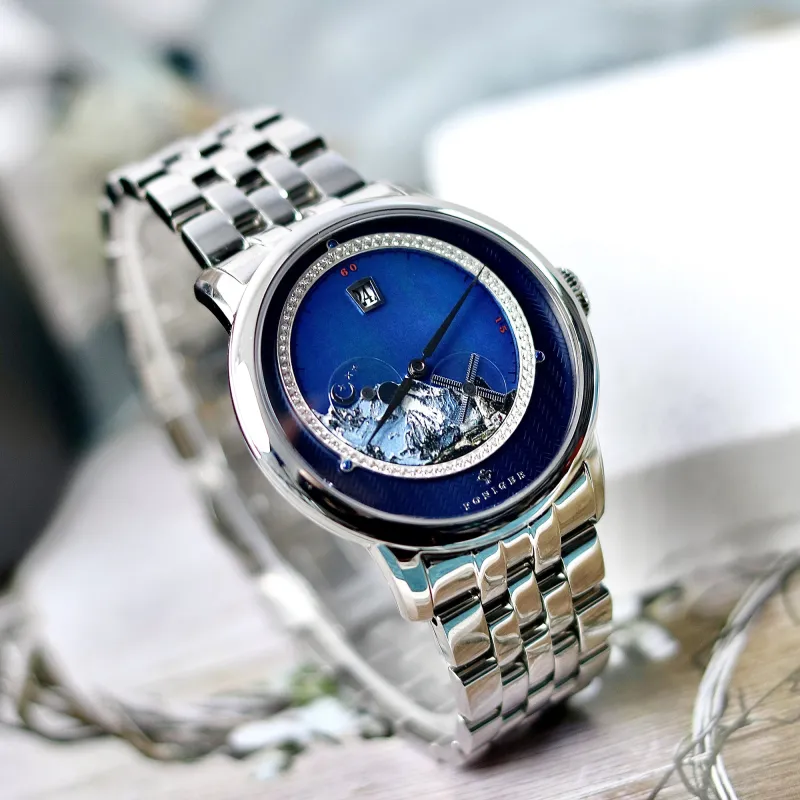 PONIGER Landscape Painting Automatic Mechanical Movement Leather Watch Bands Men's Watches Gray Dial P7.23-B-7