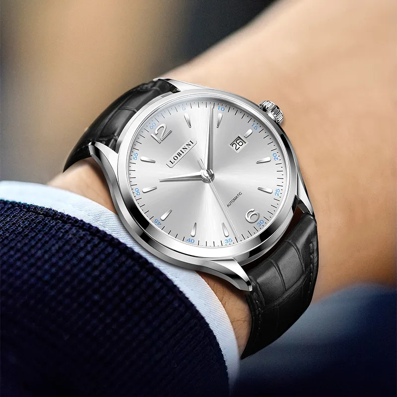 LOBINNI L High-End Taste Men's Wrist Watch Automatic Mechanical Movement Cowhide Strap Watch Men Silver Dial-4