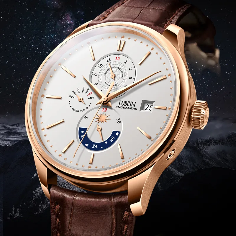 LOBINNI L Automatic Mechanical Movement Cowhide Strap Watch Men's Watches White Dial-9