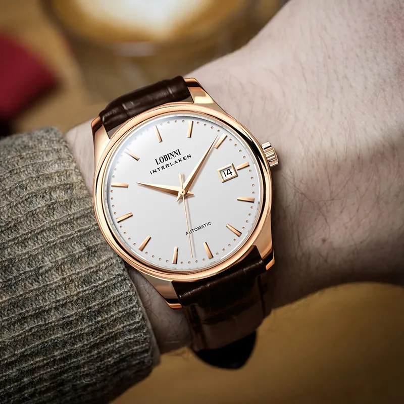 LOBINNI L Extra Thin Men's Watch Automatic Mechanical Movement Cowhide Strap Watch Men's Watches White Dial-8