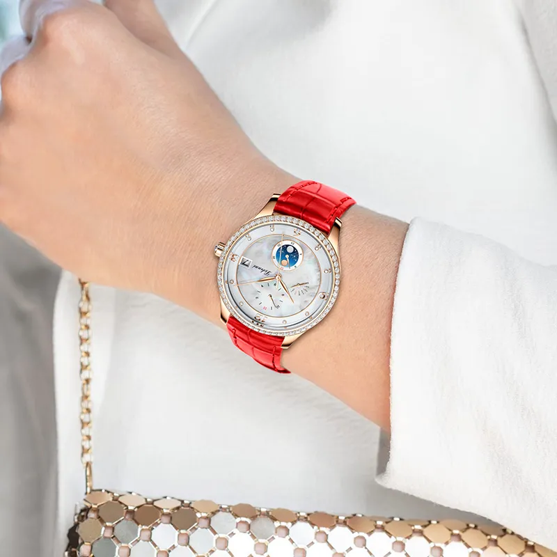 LOBINNI L Elegant Women's Watch Automatic Mechanical Movement Cowhide Strap Watch Women's Watch White Dial-2