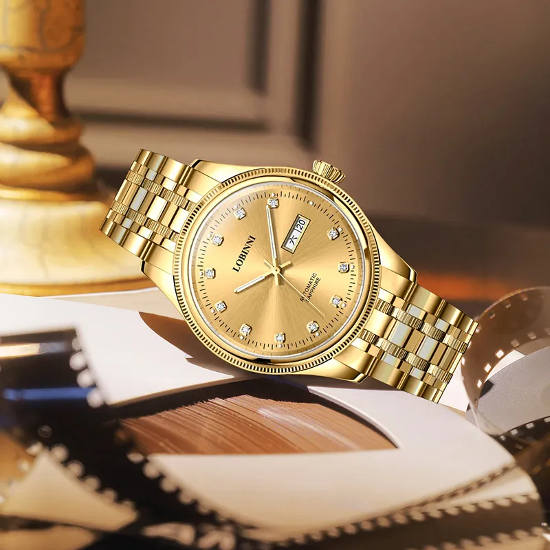 LOBINNI L Business Men's Watch Mechanical Movement Stainless Steel Watchband Watch Men's Watches Gold Dial-9