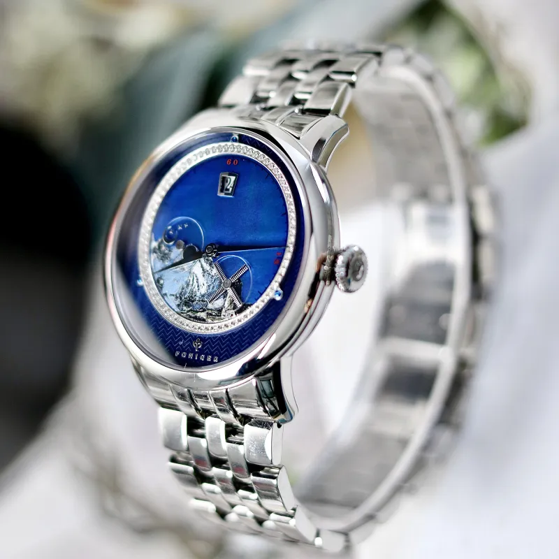 PONIGER Landscape Painting Automatic Mechanical Movement Leather Watch Bands Men's Watches Gray Dial P7.23-B-5