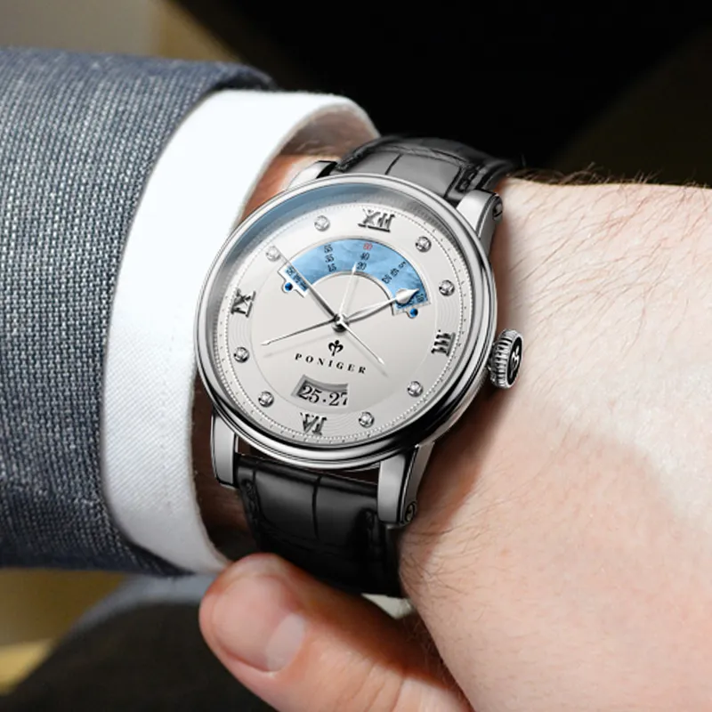 PONIGER Trident Watch Fashion Business Automatic Mechanical Movement Genuine Leather Strap Men's Watches White Dial-2