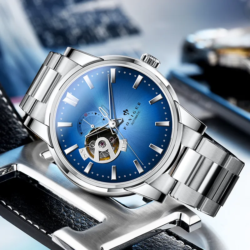 PONIGER Automatic Mechanical Movement Leather Watch Bands Men's Watches Gold Dial P5.19 B-6
