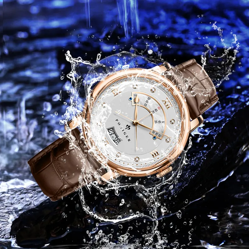 PONIGER Trident Watch Fashion Business Automatic Mechanical Movement Genuine Leather Strap Men's Watches White Dial-19