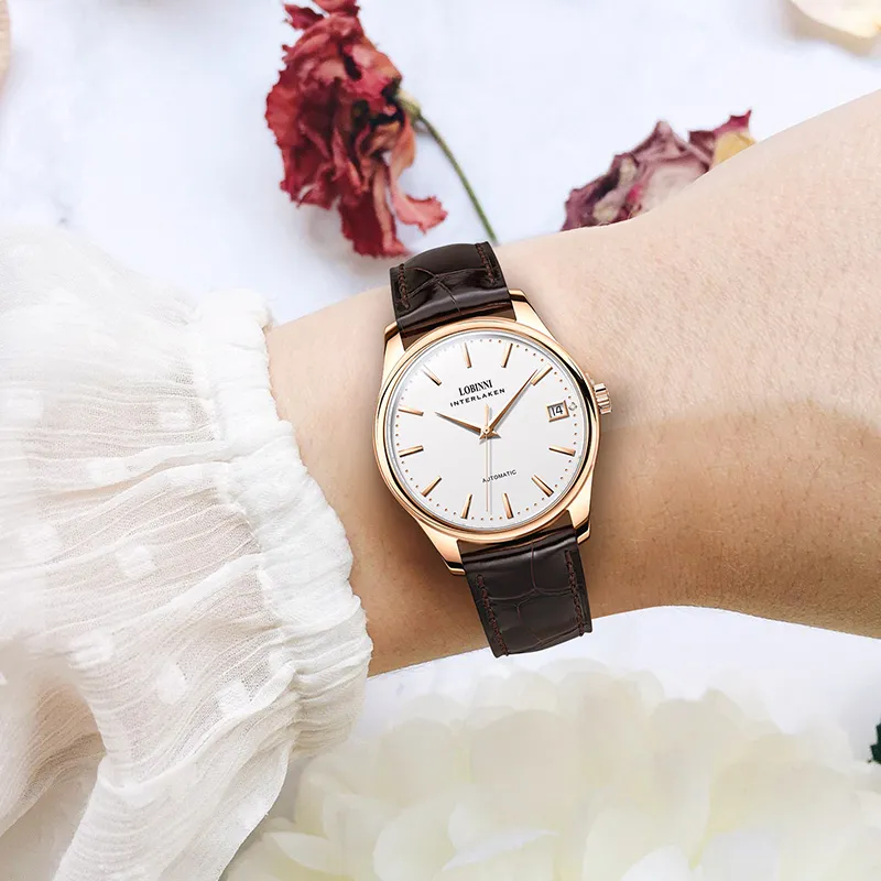 LOBINNI L Mechanical Movement Cowhide Strap Watch Women's Watch White Dial-19